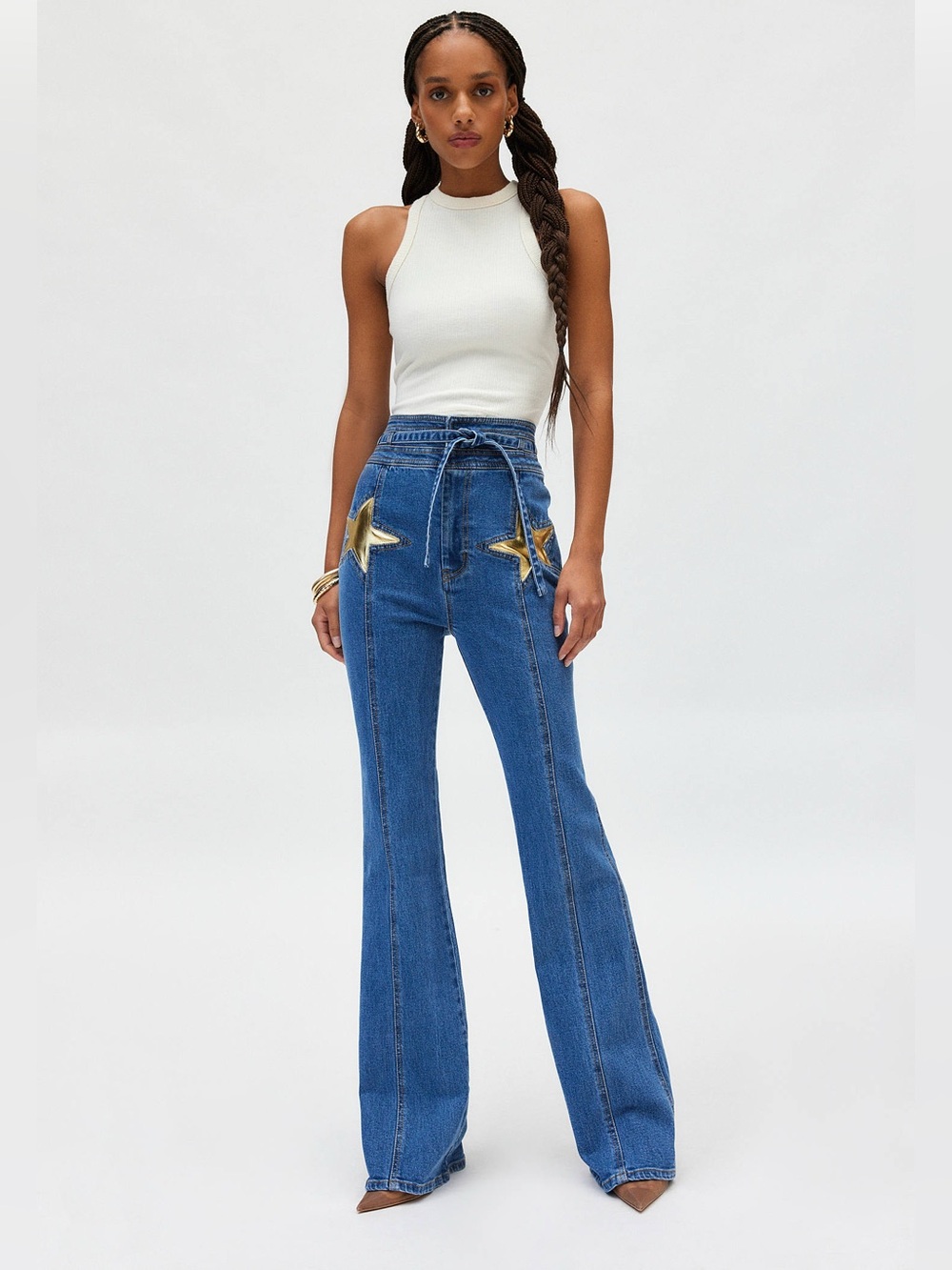 Stoned Immaculate Gold Superstar Tied Waist Bells Flared Jeans in Filmore, Sz 29